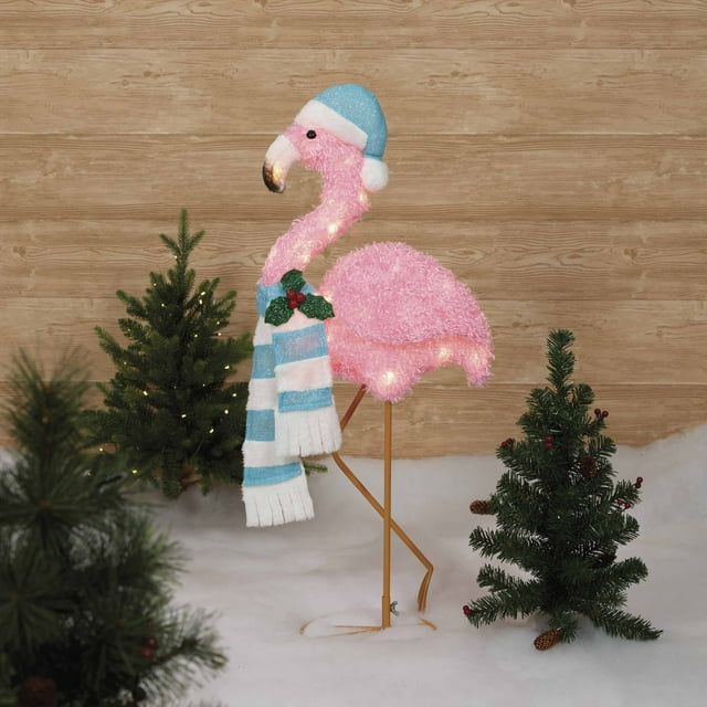 32 Inch Lighted Tropical Pink Flamingo with Blue Santa Hat Sculpture Decoration Pre Lit Display Outdoor Christmas Yard Decoration Garden Art Holiday Winter Display