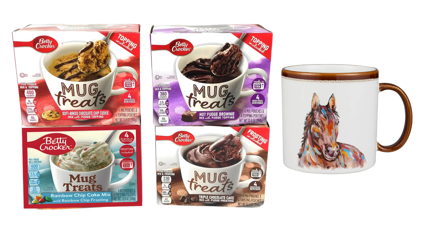 GCOMM Microwaveable Mug Treats Muffin and Cake Mixes With a Horse Mug gift for Horse lovers Variety Pack Perfect for Making Quick and Easy Dessert for yourself and your loved ones - Pack of 4