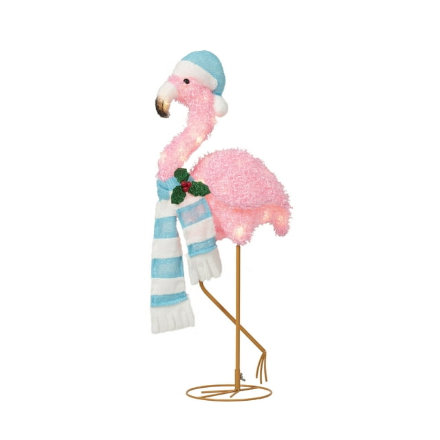32 Inch Lighted Tropical Pink Flamingo with Blue Santa Hat Sculpture Decoration Pre Lit Display Outdoor Christmas Yard Decoration Garden Art Holiday Winter Display