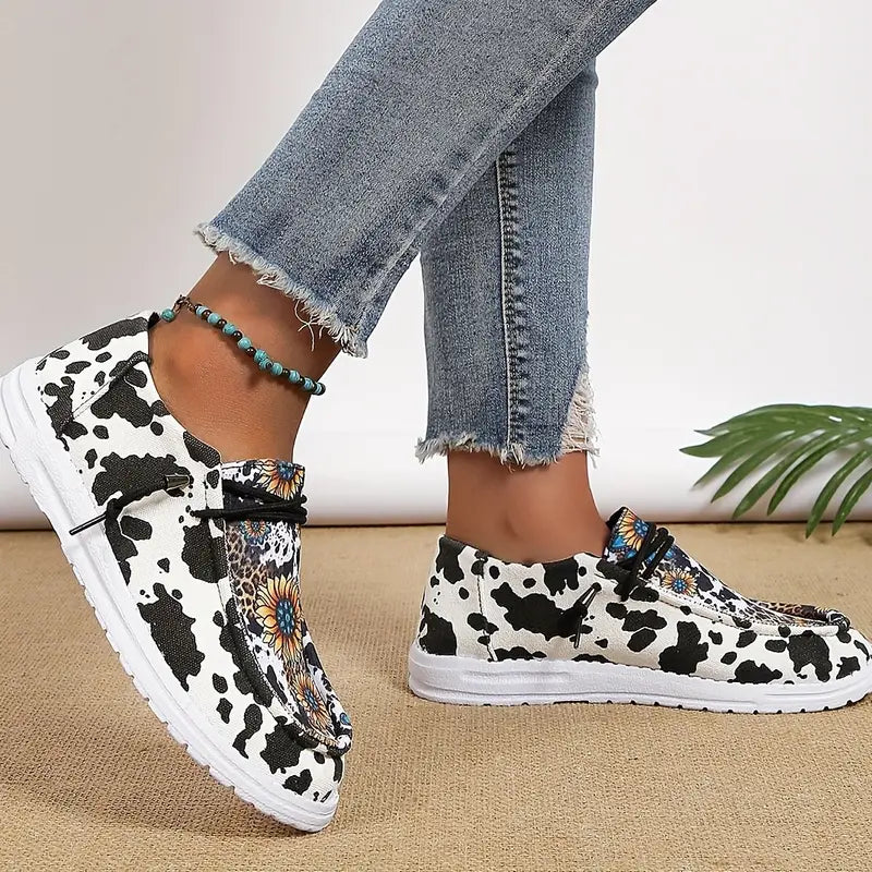 Women's Sporty Slip On Shoes For Women, Cow & Sunflower Pattern Lace-up Front Sneakers