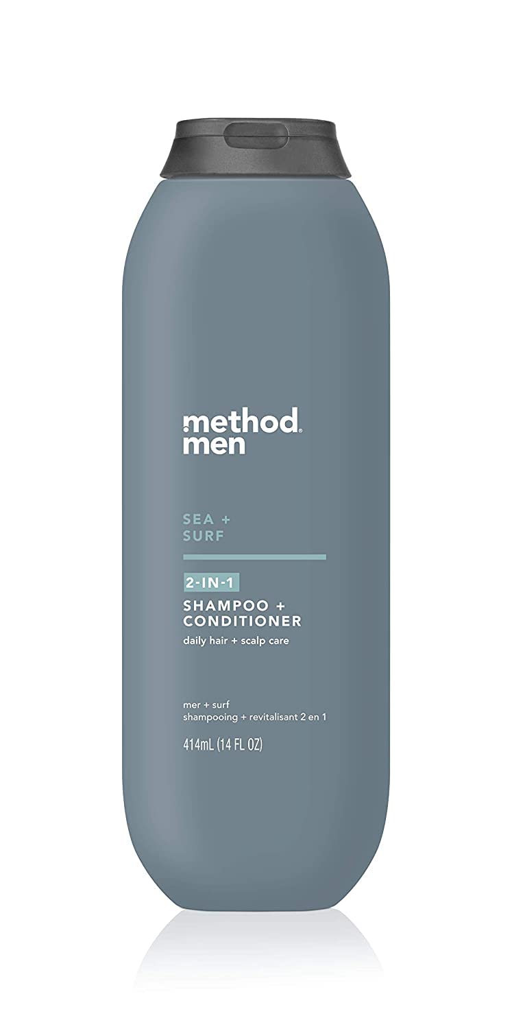 2-in-1 Shampoo and Conditioner Bundle - Sea + Surf 14 FL Oz and Trial Size 3.4 FL Oz Bottles with Two Black Cotton Washcloths