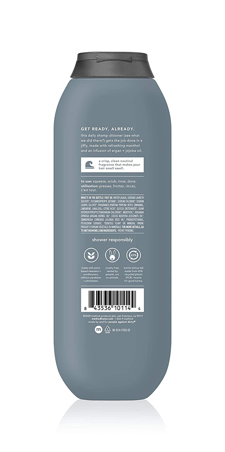 2-in-1 Shampoo and Conditioner Bundle - Sea + Surf 14 FL Oz and Trial Size 3.4 FL Oz Bottles with Two Black Cotton Washcloths
