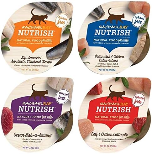 Rachel Ray Nutrish Grain Free Natural Wet Cat Food Variety Pack - 8 Flavor Bundle, 2.8 Oz Each - Pack of 8, Plus Rainbow Rattle Mouse & Weatherproof Animal Sticker ( 10 Items Total)