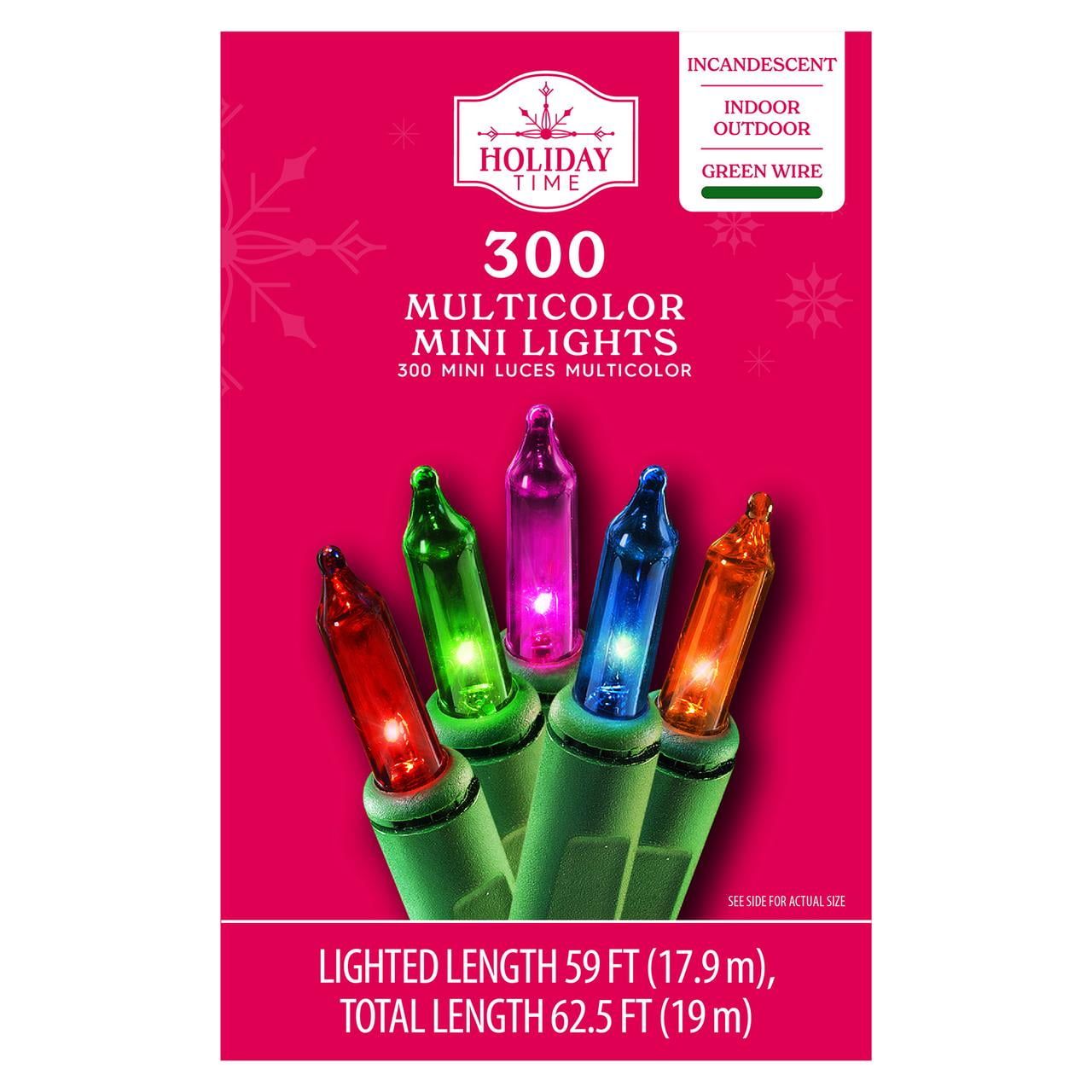 Holiday Time - 300 Multi-Color Mini Lights - Green Wire - Indoor/Outdoor - Lighted Length 59 ft - 62.5 FT L (19m)