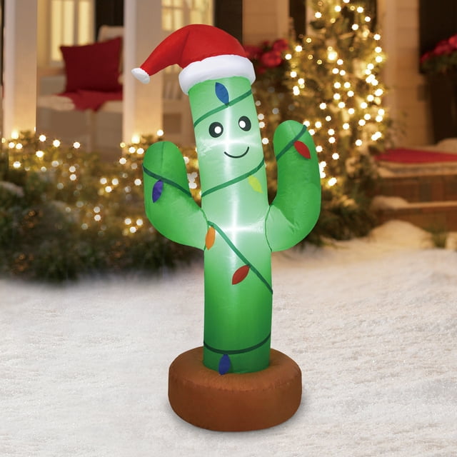 GCOMM Inflatables 4 Foot Lighted Christmas Green Cactus Inflatable with Fabric C9 Bulbs, Yard, Lawn, and Living Room Decoration - Holiday Western Decor