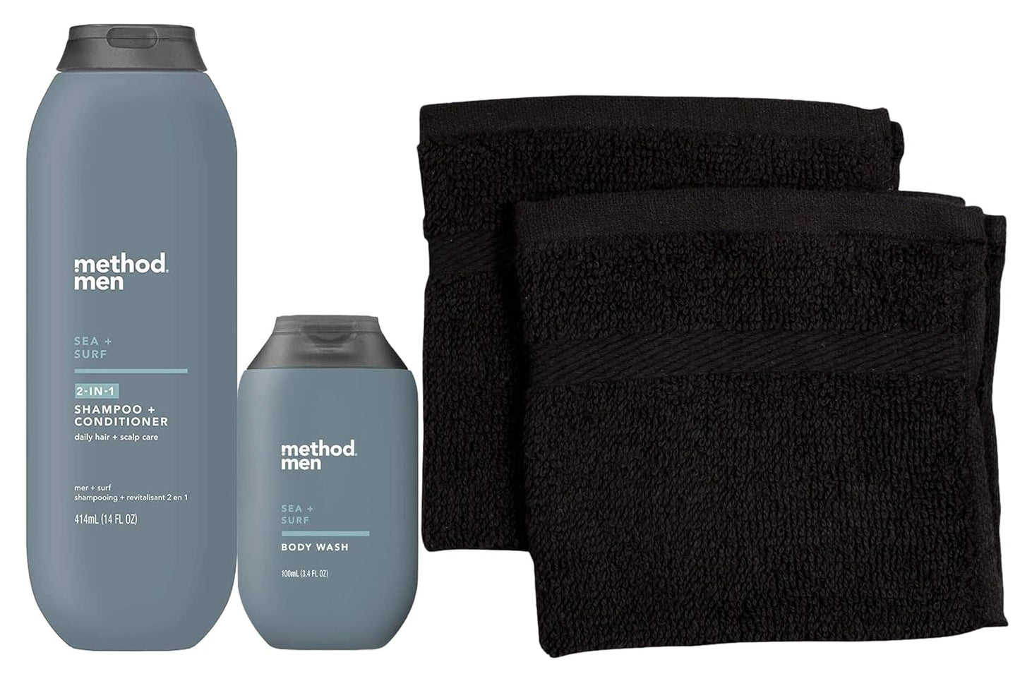 2-in-1 Shampoo and Conditioner Bundle - Sea + Surf 14 FL Oz and Trial Size 3.4 FL Oz Bottles with Two Black Cotton Washcloths