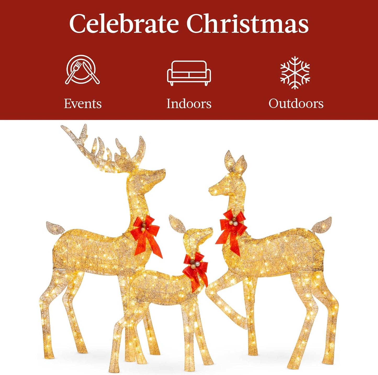 3-Piece Gold Reindeer Family Set 4Ft Lighted Christmas Outdoor Yard Decoration 360 LED Lights