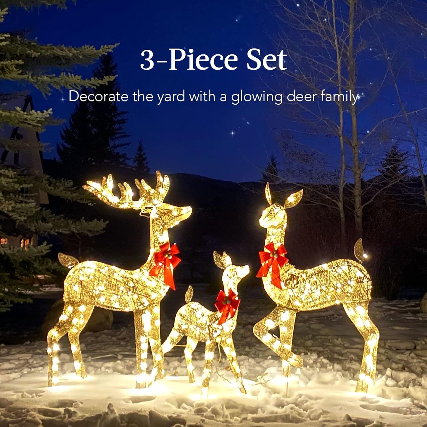 3-Piece Large Lighted Christmas Deer Family Set 4Ft Outdoor Yard Decoration with 360 LED Lights - Gold