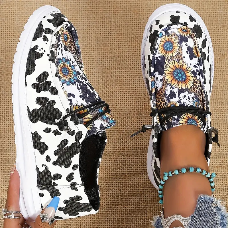 Women's Sporty Slip On Shoes For Women, Cow & Sunflower Pattern Lace-up Front Sneakers