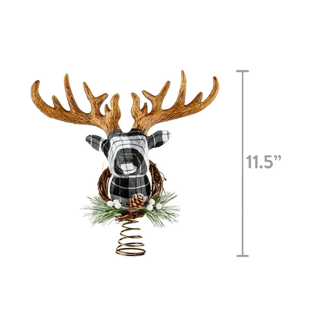 Black and White Plaid Wrapped Christmas Deer Head Tree Topper