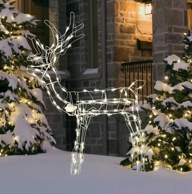 GCOMM Dynamic Reindeer Bundle Animated Mini Lighted Christmas Yard Decorations with 40" Feeding Doe and 48" Standing Buck Both in White Frame - Holiday Yard Decor