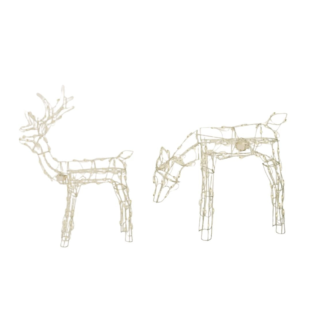 GCOMM Dynamic Reindeer Bundle Animated Mini Lighted Christmas Yard Decorations with 40" Feeding Doe and 48" Standing Buck Both in White Frame - Holiday Yard Decor