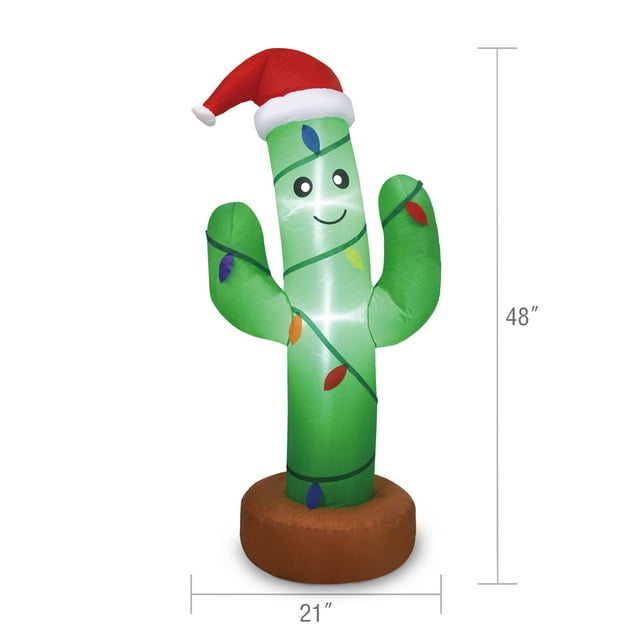 GCOMM Inflatables 4 Foot Lighted Christmas Green Cactus Inflatable with Fabric C9 Bulbs, Yard, Lawn, and Living Room Decoration - Holiday Western Decor