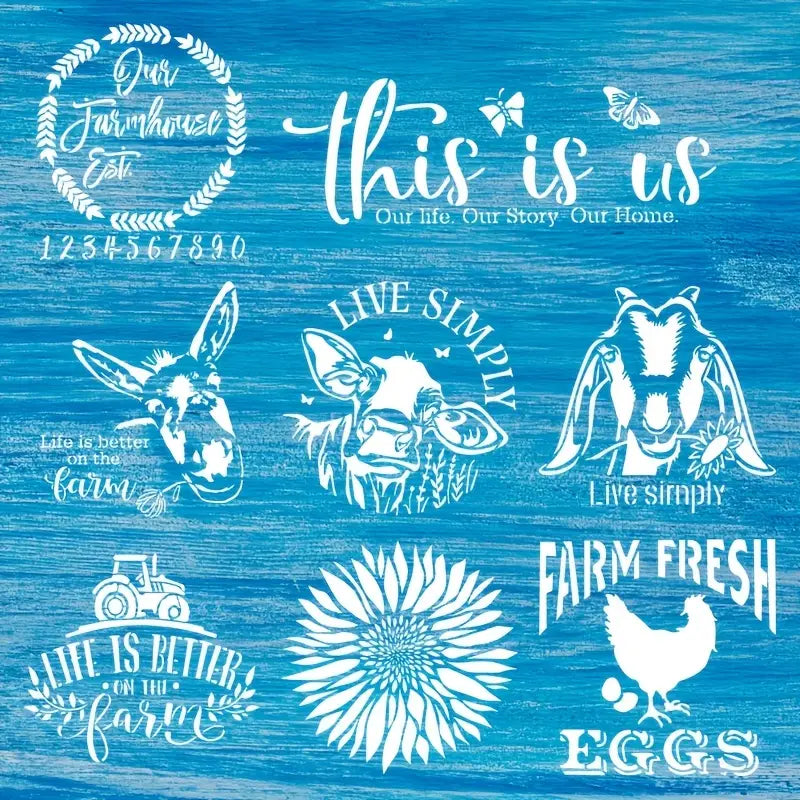 8pcs Farmhouse Theme Graffiti Spray Templates - Create Hand-Painted Canvases for a Happy Farm Home!