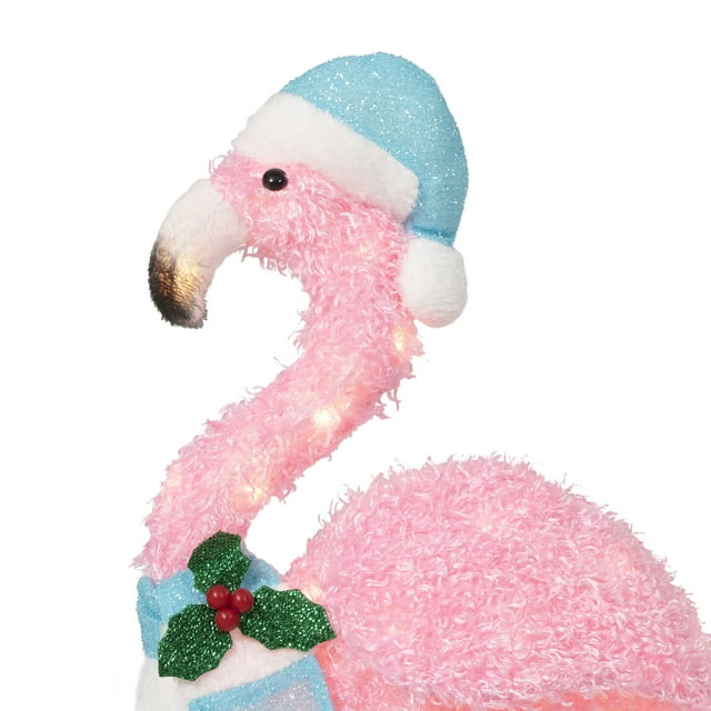 32 Inch Lighted Tropical Pink Flamingo with Blue Santa Hat Sculpture Decoration Pre Lit Display Outdoor Christmas Yard Decoration Garden Art Holiday Winter Display