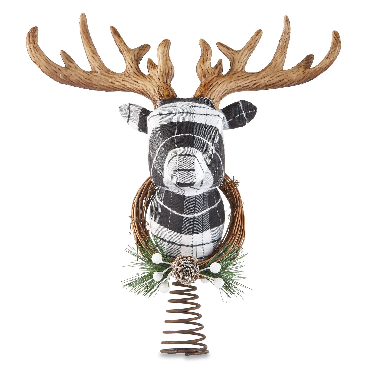 Reindeer Deer Head Antler Fabric Christmas Tree Topper Country Plaid Black and White Check with Pine Wreath Collar and 10 Matching Ribbon Bows