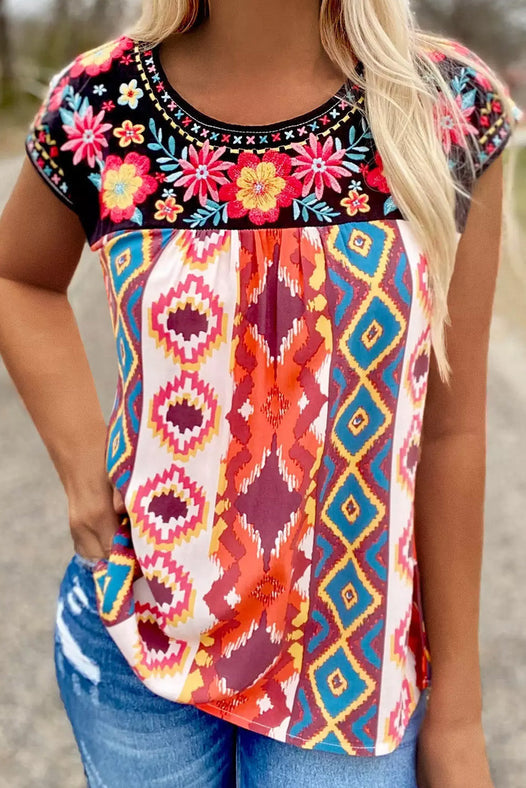 Embroidered Floral Aztec Geometric Cap Sleeve Top