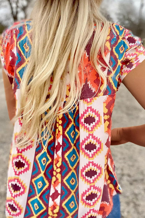 Embroidered Floral Aztec Geometric Cap Sleeve Top