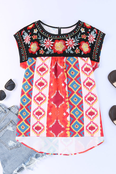 Embroidered Floral Aztec Geometric Cap Sleeve Top