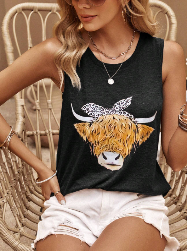 Women's Casual Every Day Tanks: Cow Head Print Sleeveless Crew Neck Tank Top