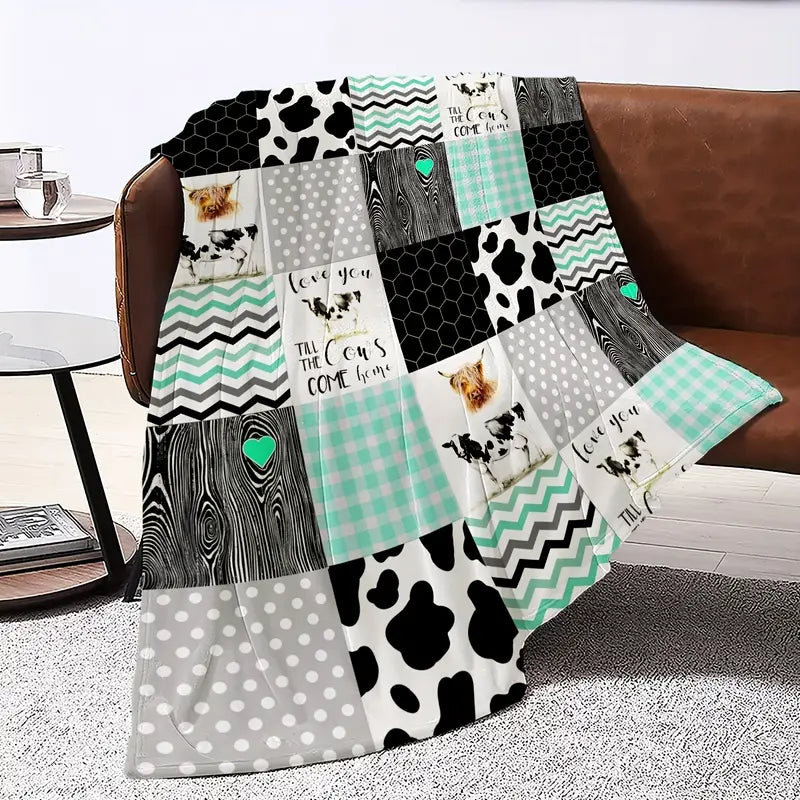 1pc Soft & Warm Cow Printed Flannel Throw Blanket - Perfect for Bed, Couch, Sofa, Travel & Camping!
