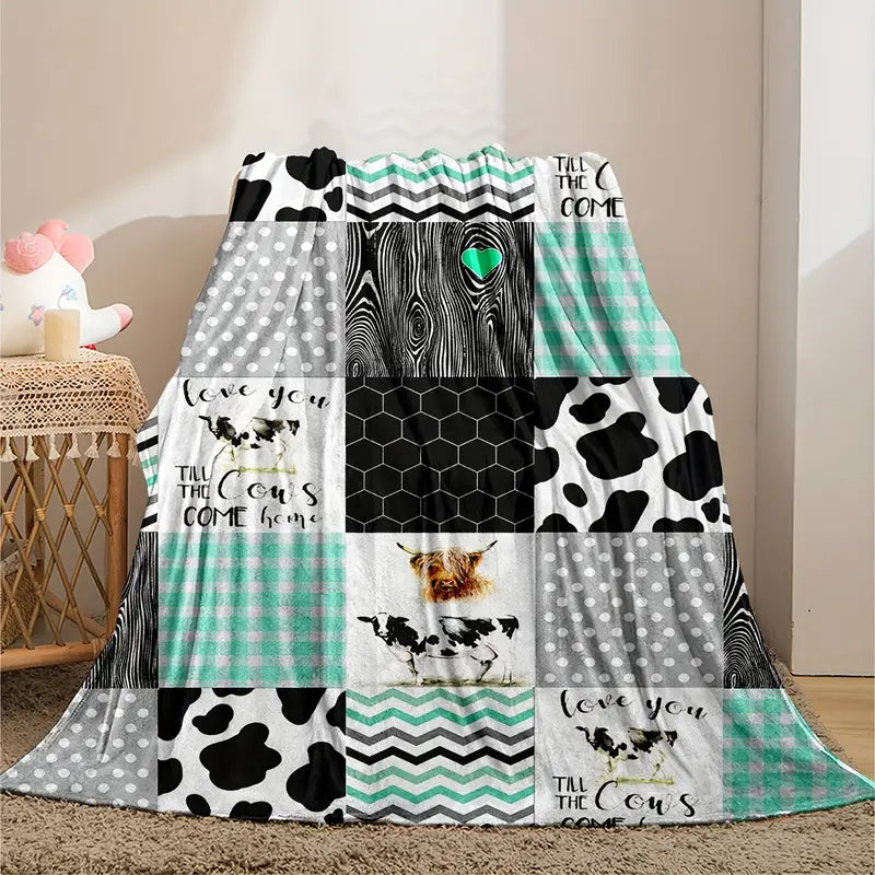 1pc Soft & Warm Cow Printed Flannel Throw Blanket - Perfect for Bed, Couch, Sofa, Travel & Camping!