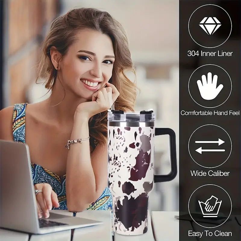 DKP 5D White Cow Print Insulated Tumbler With Handle And Straw Lid, Portable Large Capacity Water Bottle, Heat Preservation 304 Stainless Steel Car Water Car Cup