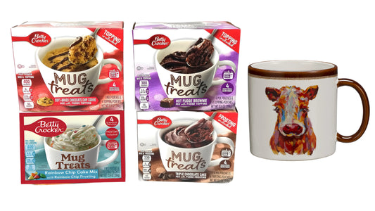 GCOMM Microwaveable Mug Treats Muffin and Cake Mixes With a Cow Mug Gift for Cow Lovers Variety Pack Perfect for Making Quick and Easy Dessert for yourself and your loved ones - Pack of 4