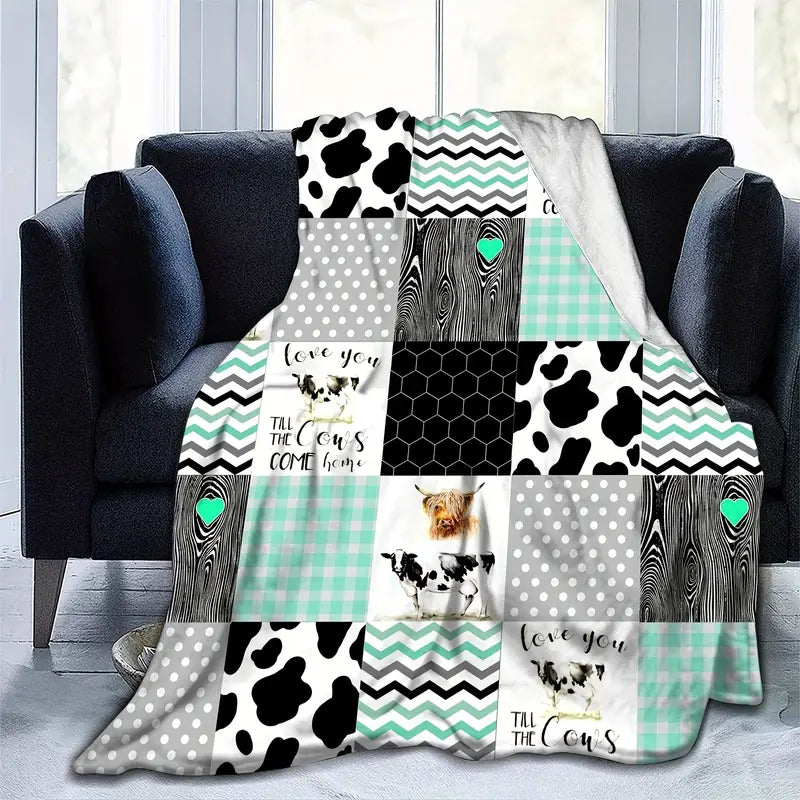 1pc Soft & Warm Cow Printed Flannel Throw Blanket - Perfect for Bed, Couch, Sofa, Travel & Camping!