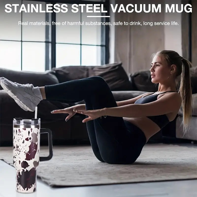 DKP 5D White Cow Print Insulated Tumbler With Handle And Straw Lid, Portable Large Capacity Water Bottle, Heat Preservation 304 Stainless Steel Car Water Car Cup