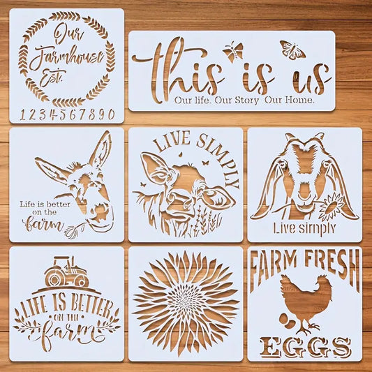 8pcs Farmhouse Theme Graffiti Spray Templates - Create Hand-Painted Canvases for a Happy Farm Home!