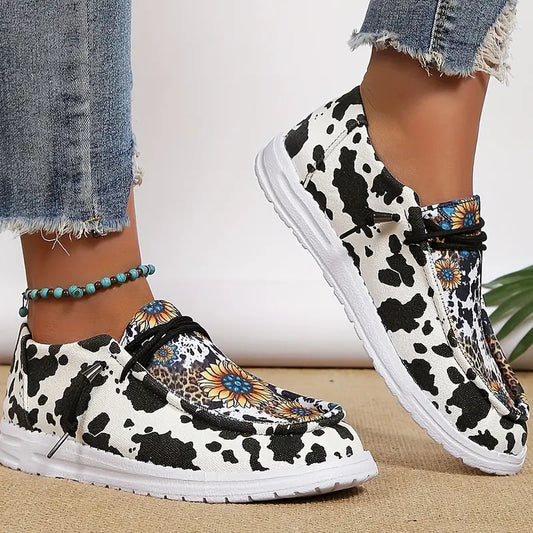 Women's Sporty Slip On Shoes For Women, Cow & Sunflower Pattern Lace-up Front Sneakers