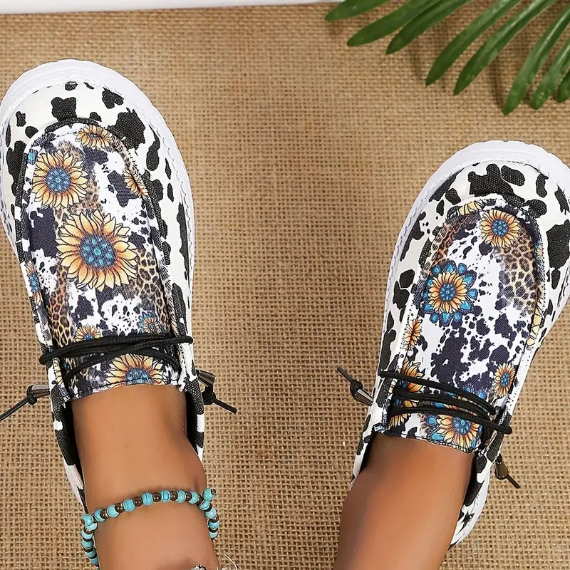 Women's Sporty Slip On Shoes For Women, Cow & Sunflower Pattern Lace-up Front Sneakers