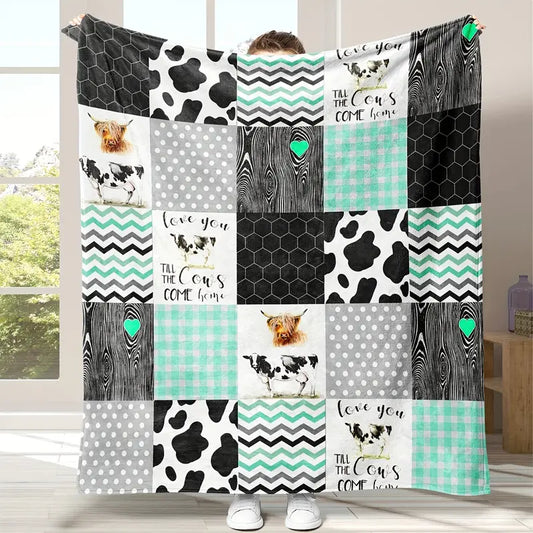 1pc Soft & Warm Cow Printed Flannel Throw Blanket - Perfect for Bed, Couch, Sofa, Travel & Camping!