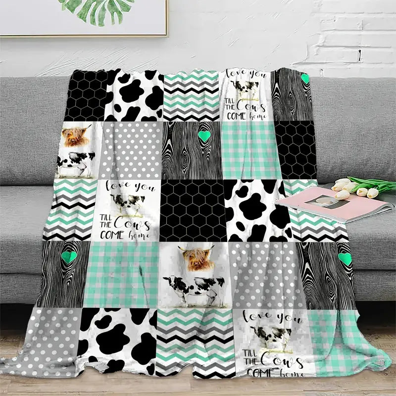 1pc Soft & Warm Cow Printed Flannel Throw Blanket - Perfect for Bed, Couch, Sofa, Travel & Camping!