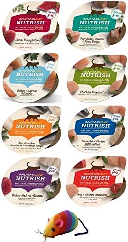 Rachel Ray Nutrish Grain Free Natural Wet Cat Food Variety Pack - 8 Flavor Bundle, 2.8 Oz Each - Pack of 8, Plus Rainbow Rattle Mouse & Weatherproof Animal Sticker ( 10 Items Total)