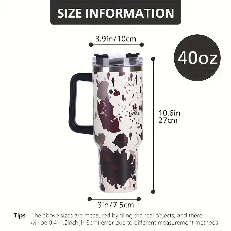 DKP 5D White Cow Print Insulated Tumbler With Handle And Straw Lid, Portable Large Capacity Water Bottle, Heat Preservation 304 Stainless Steel Car Water Car Cup