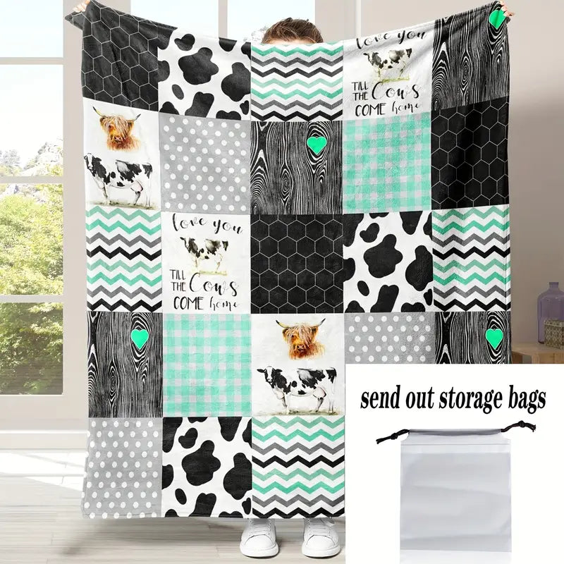 1pc Soft & Warm Cow Printed Flannel Throw Blanket - Perfect for Bed, Couch, Sofa, Travel & Camping!