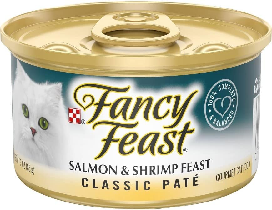 Fancy Feast Classic Pate Gourmet Cat Food Variety Pack Include 1 Mouse Toy, 6 Salmon & Shrimp Feast, 6 Savory Salmon Feast, and 6 Cod, Sole & Shrimp Feast 3 Oz (Pack of 18)