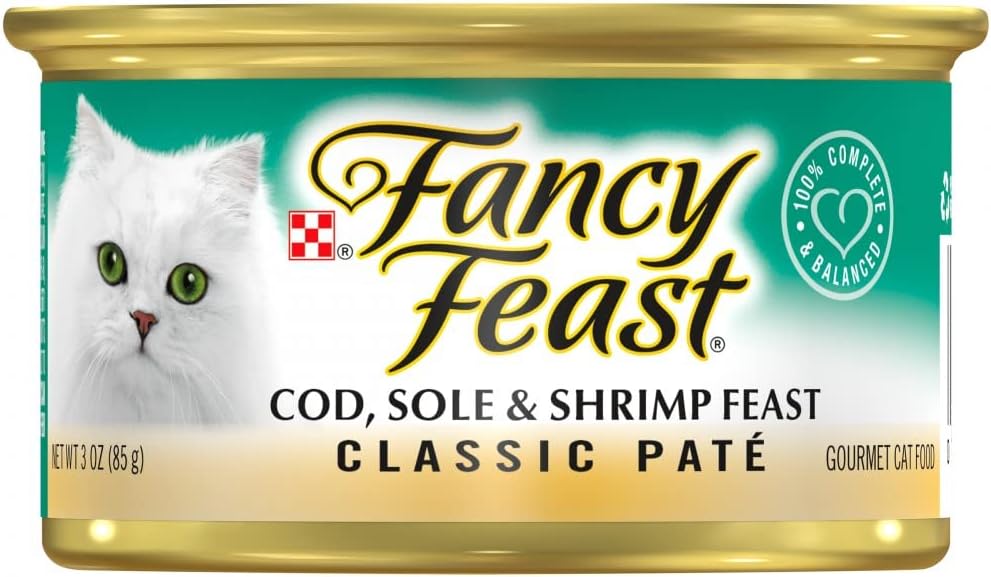 Fancy Feast Classic Pate Gourmet Cat Food Variety Pack Include 1 Mouse Toy, 6 Salmon & Shrimp Feast, 6 Savory Salmon Feast, and 6 Cod, Sole & Shrimp Feast 3 Oz (Pack of 18)