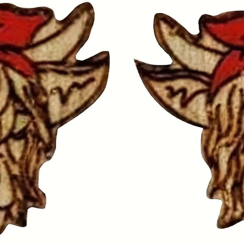 Highland Cow Head Red Bowknot Design Cute Stud Earrings Retro Bohemian Style Wooden Jewelry Daily Wear Ornaments