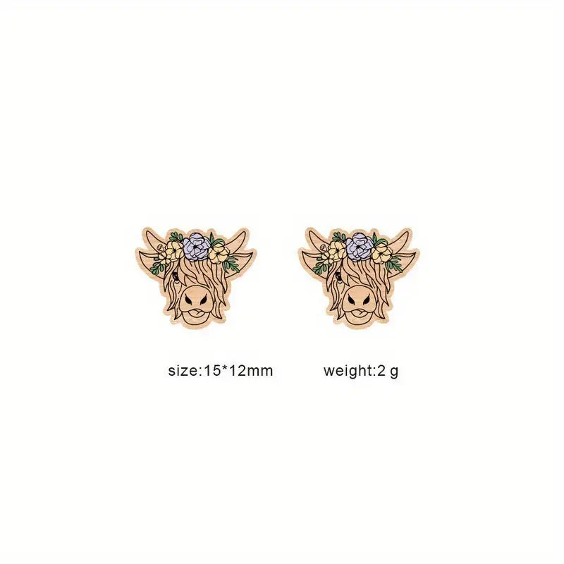 Highland Cow Head Red Bowknot Design Cute Stud Earrings Retro Bohemian Style Wooden Jewelry Daily Wear Ornaments
