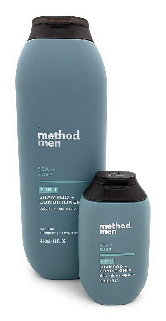 Men’s 2-in-1 Shampoo + Conditioner Bundle - Method Men Sea + Surf 14 Fl Oz and Travel Size 3.4 Fl Oz Bottles (2 Items)