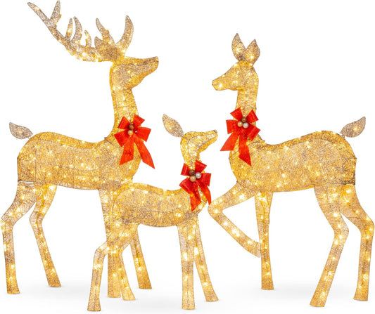 3-Piece Large Lighted Christmas Deer Family Set 4Ft Outdoor Yard Decoration with 360 LED Lights - Gold