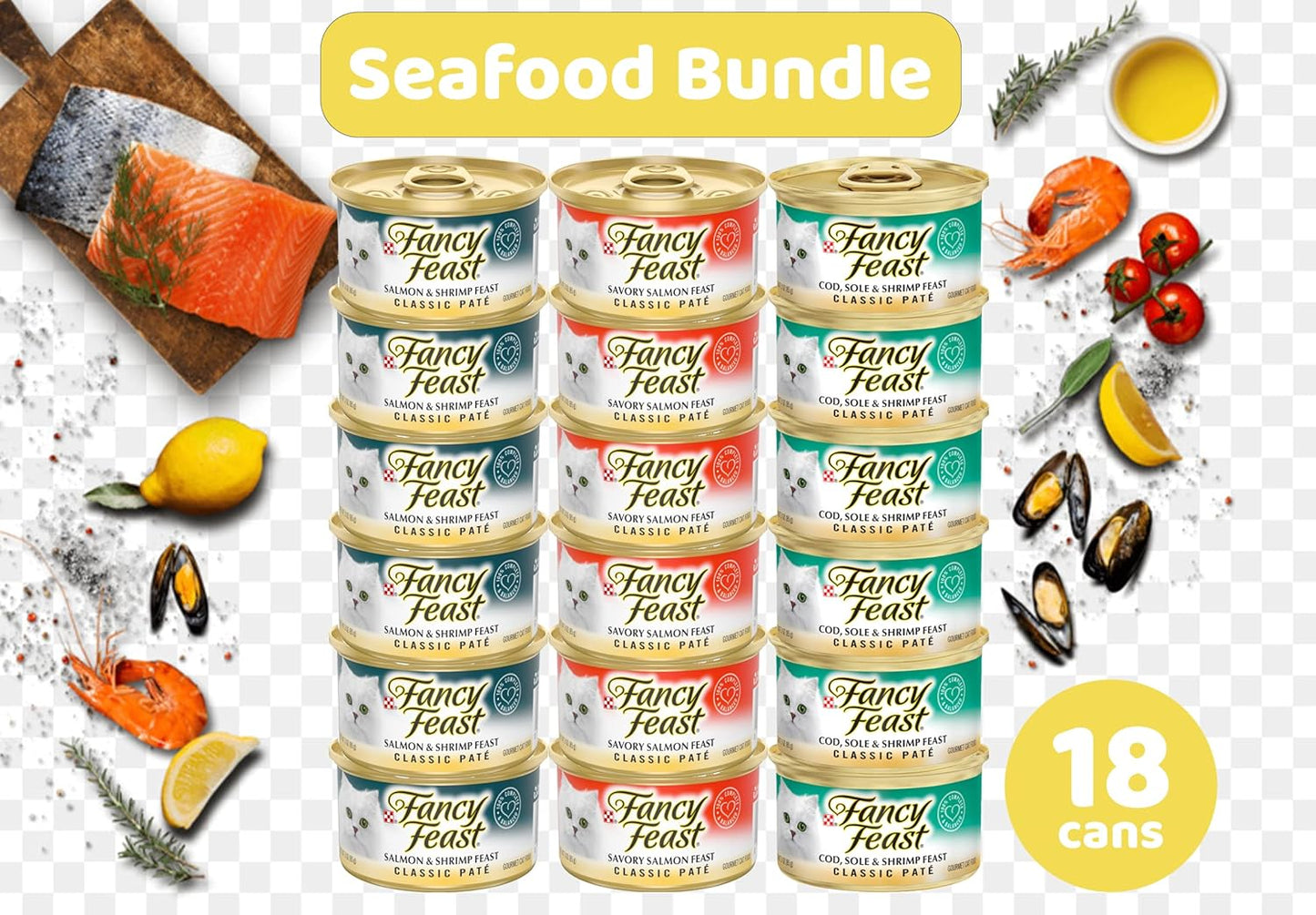 Fancy Feast Classic Pate Gourmet Cat Food Variety Pack Include 1 Mouse Toy, 6 Salmon & Shrimp Feast, 6 Savory Salmon Feast, and 6 Cod, Sole & Shrimp Feast 3 Oz (Pack of 18)