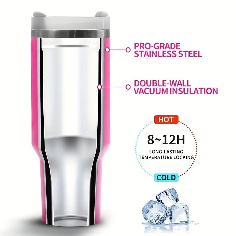 DKP 5D White Cow Print Insulated Tumbler With Handle And Straw Lid, Portable Large Capacity Water Bottle, Heat Preservation 304 Stainless Steel Car Water Car Cup