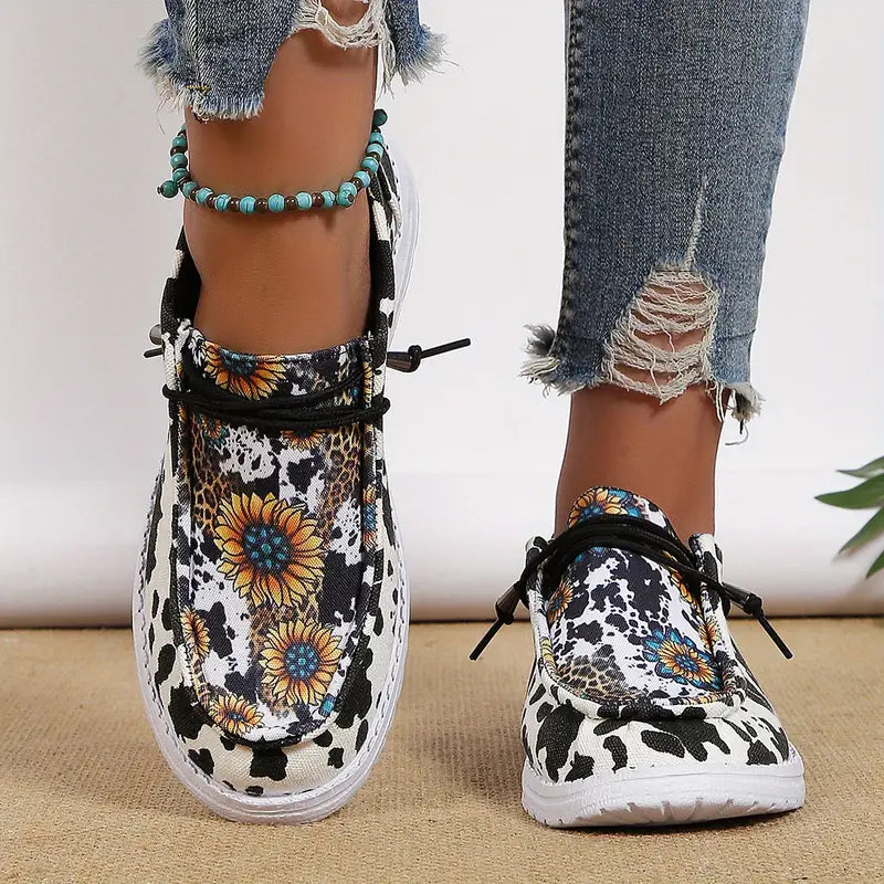 Women's Sporty Slip On Shoes For Women, Cow & Sunflower Pattern Lace-up Front Sneakers