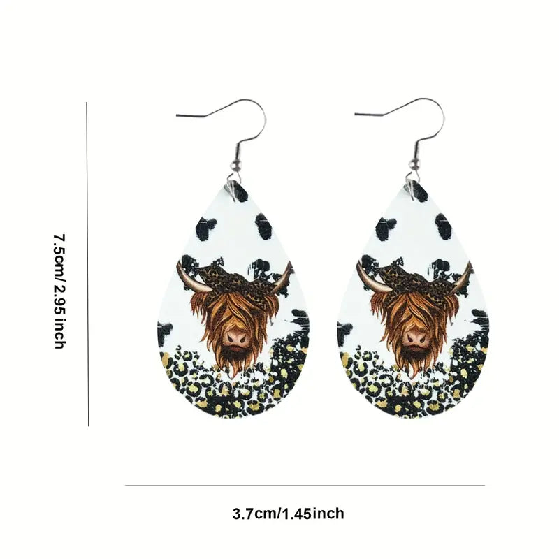 Yellow Sunflower Highland Cow Earrings, Sunflower Leopard Print Cow Earrings