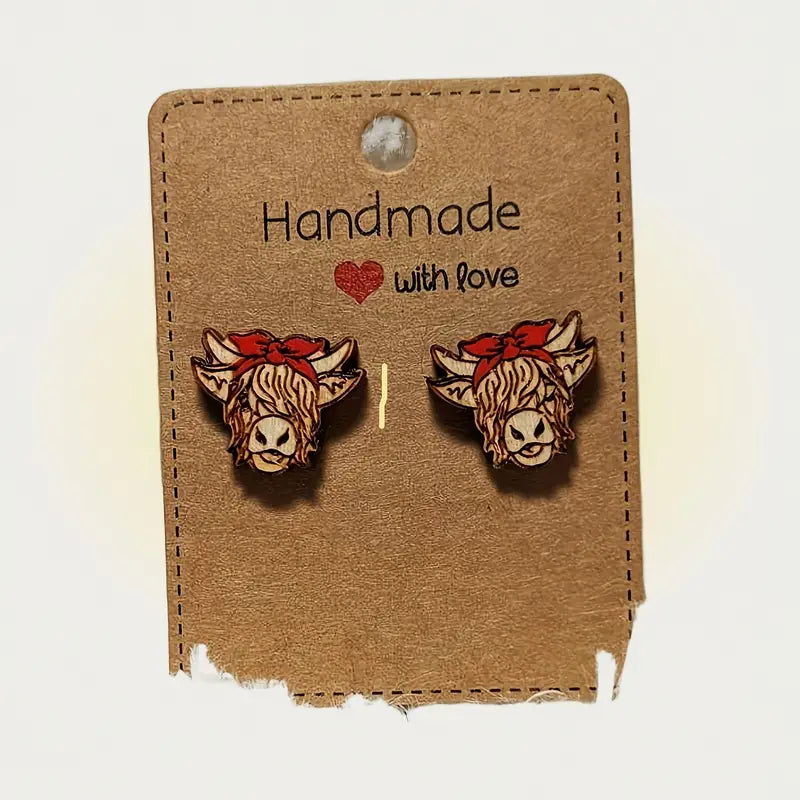 Highland Cow Head Red Bowknot Design Cute Stud Earrings Retro Bohemian Style Wooden Jewelry Daily Wear Ornaments