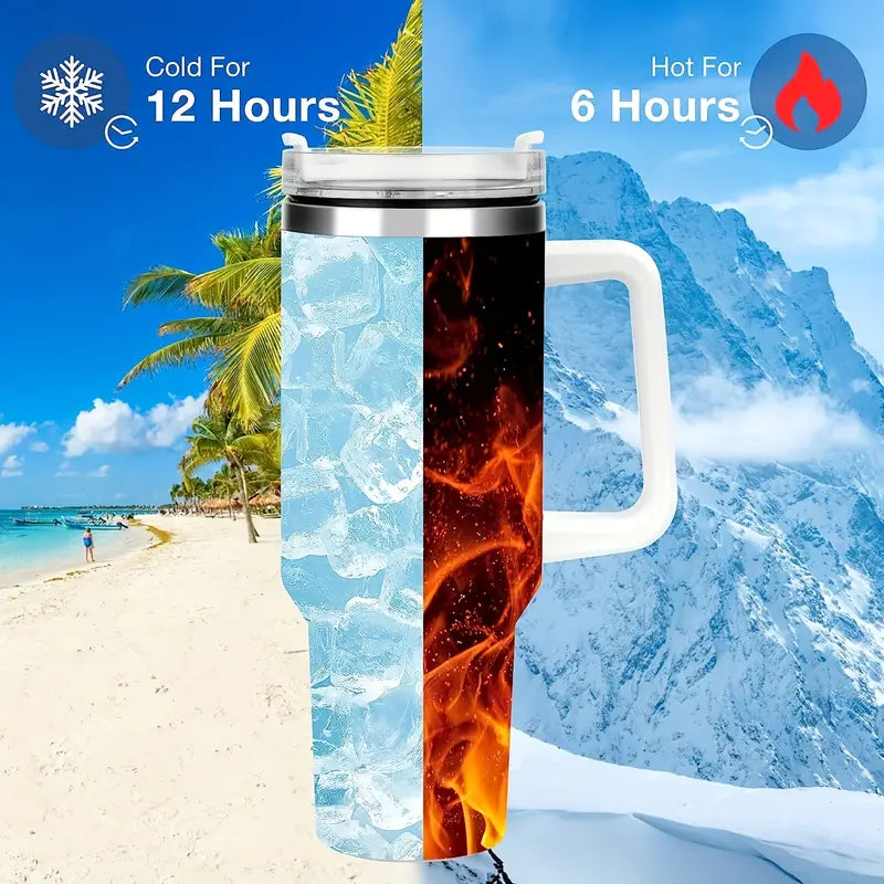 DKP 5D White Cow Print Insulated Tumbler With Handle And Straw Lid, Portable Large Capacity Water Bottle, Heat Preservation 304 Stainless Steel Car Water Car Cup